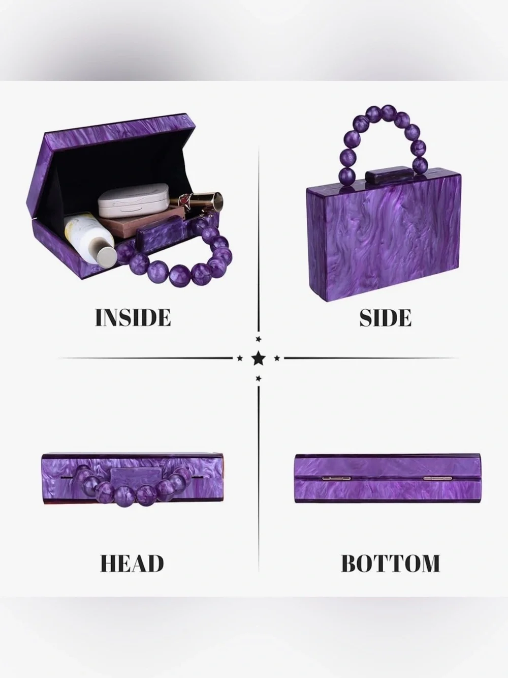Purple Acrylic Evening Box Clutch with Beaded Handle